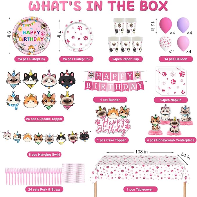 197pcs Cat Birthday Decorations Kit, Cute Cat Themed birthday party decorations with Tableware, Cake Decorations & Hanging Accessories, Serves 24 Guests
