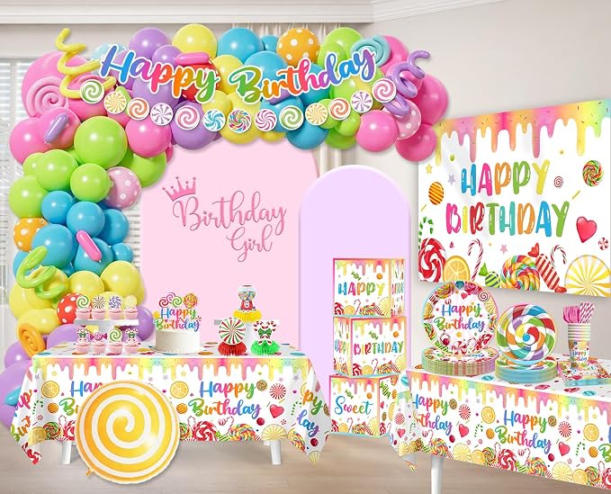 281pcs Candyland Party Decorations, All-in-One Party Pack for 25 Guests, with Balloon Arch, No-DIY Banner, Thick Plates and Napkins, Tablecloths, Easy Setup for Candy Birthday Party
