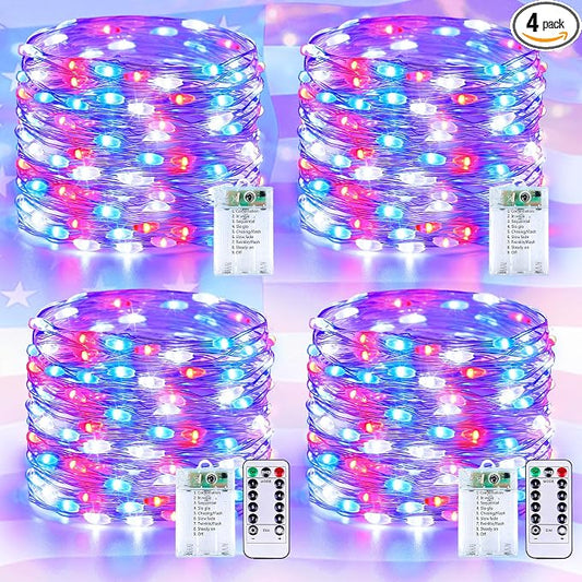 4Pack 80FT 240LED Red White and Blue Fairy Lights Battery Operated with Remote | 4th of July Decorations Twinkle Lights with Timer | American Flag Light for Independence Day Patriotism Decorations