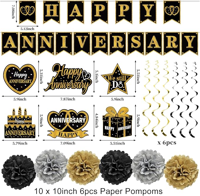 Turypaty Happy Anniversary Decorations Kit - Black Gold Wedding Party Supplies - Large Banner, Backdrop, Table Centerpieces, Hanging Swirl, Paper Pompoms Decors