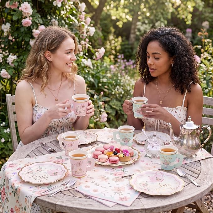 Yungyan 216 Pcs 72 Guest Tea Party Plates and Napkins Sets Floral Tea Party Supplies 6" Paper Plates, 9 oz Cups and Saucers Disposable Tableware Set for Birthday Wedding Bridal Shower Decorations