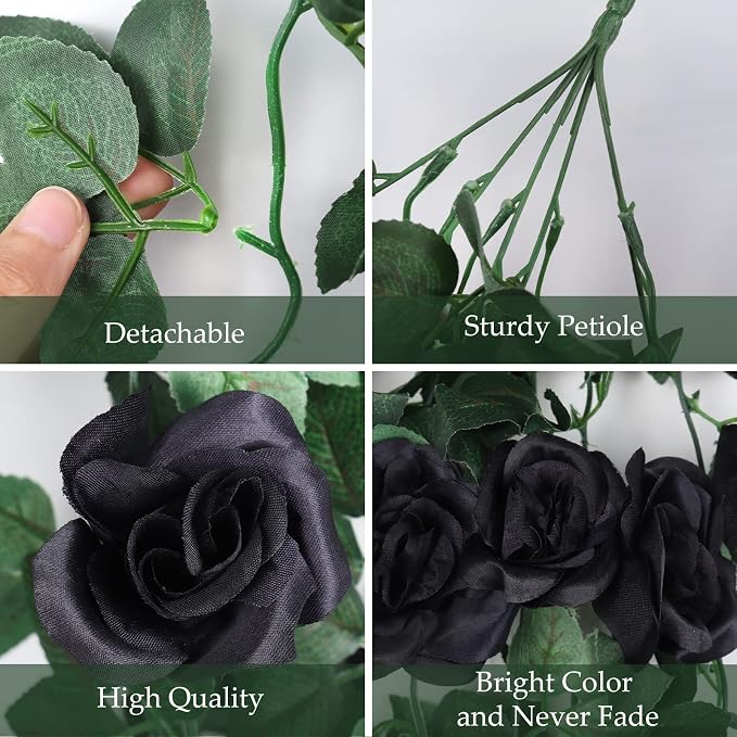RECUTMS Artificial Black Rose Hanging Flowers Plants, 4 PCS 3.3Ft Fake Floral Halloween Garlands for Home Window Front Porch Garden Wedding Backdrop Wall Hanging Victorian Indoor Outdoor Party