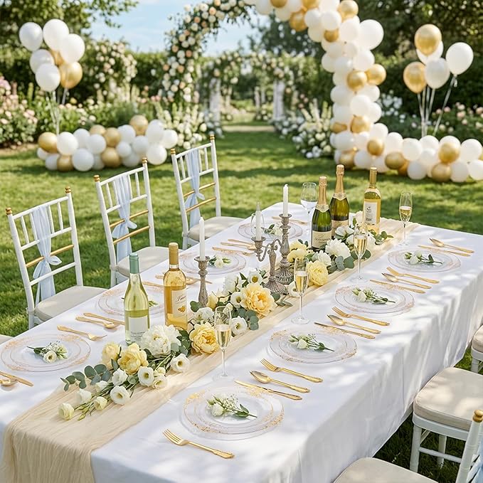 102PCS Clear Gold Plastic Plates - Clear Disposable Plates with Gold Rim - Elegant Party Plate Include 51PCS Dessert Plates, 51PCS Dinner Plate for Weddings & Parties