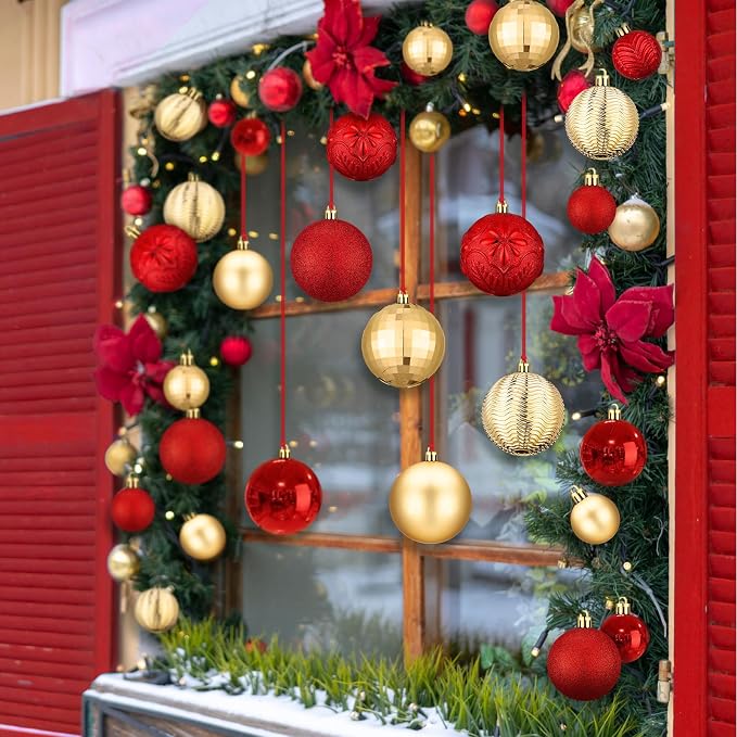 36 Pcs Christmas Balls Ornaments for Ceiling, 1.6'' 2.4'' 3.2'' Large Big Shatterproof Christmas Hanging Decorations Balls for Tree Xmas Holiday Party Indoor(Red, Gold)