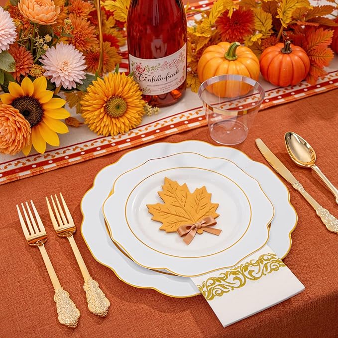 NOCCUR 175PCS Gold Plastic Plates with Disposable Silverware - White Gold Plastic Tableware Include 25 Dinner /25 Dessert Plates, 75 Cutlery, 25 Cups, 25 Napkins - Ideal for Party/Wedding