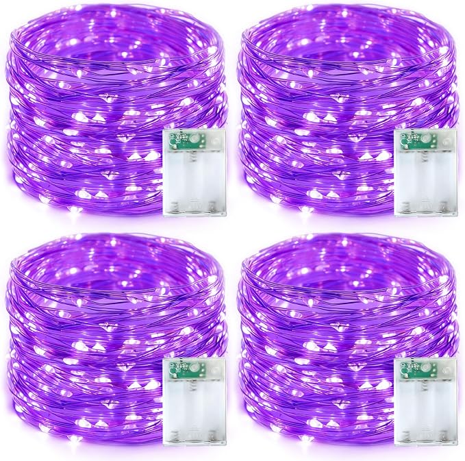 YEGUO Fairy Lights Battery Operated, 4 Packs Each 16ft 50 LED String Lights, 2 Modes Silver Wire Christmas Twinkle Light Indoor for Halloween Bedroom Wedding Party Holiday Gift(Purple)