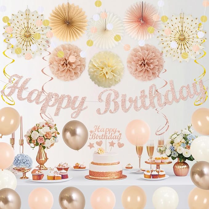 Vlipoeasn Beige Pink Birthday Party Decorations Champagne Women Girls | Rose Gold Peach Happy Birthday Banner Cake Topper Paper Fans Pompoms Latex Balloons Haning Swirls Kit for Women Girls Indoor
