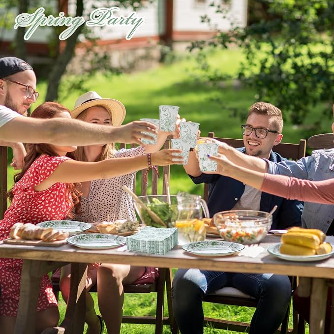 Funnymoom 400 Pcs Sage Green Floral Party Supplies for 50 Guests White Green Flower Disposable Plates Napkins Cups Spoons Forks Knives for Wedding Tea Party Bridal Baby Shower
