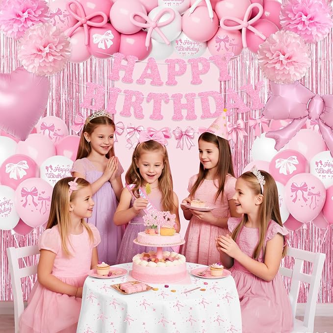 Pink Bow Birthday Decorations, Coquette Party Supplies with Balloons, Fringe Curtain, Birthday Sash, Pink Hair Bow, Tablecloth, Banner, Paper Pompoms, Cake Topper for Women Girls Bday Party Decor