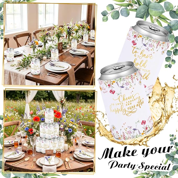 Qinyoung 50 Pieces Wildflower Wedding Can Cooler Sleeves Bulk Engagement Party Favors for Guests Cheers to Love Laughter and Happily Ever After Rehearsal Dinner Decorations for Wedding Bridal