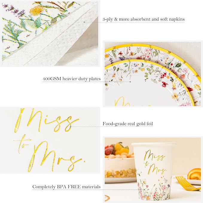 Crisky Bridal Shower Plates and Napkins Gold Miss to Mrs Floral Disposable Paper Tableware Set of 24 for Wedding Bridal Shower Decorations (9" & 7" Plates, Napkin, Cups, Tablecloth, Knife & Fork)