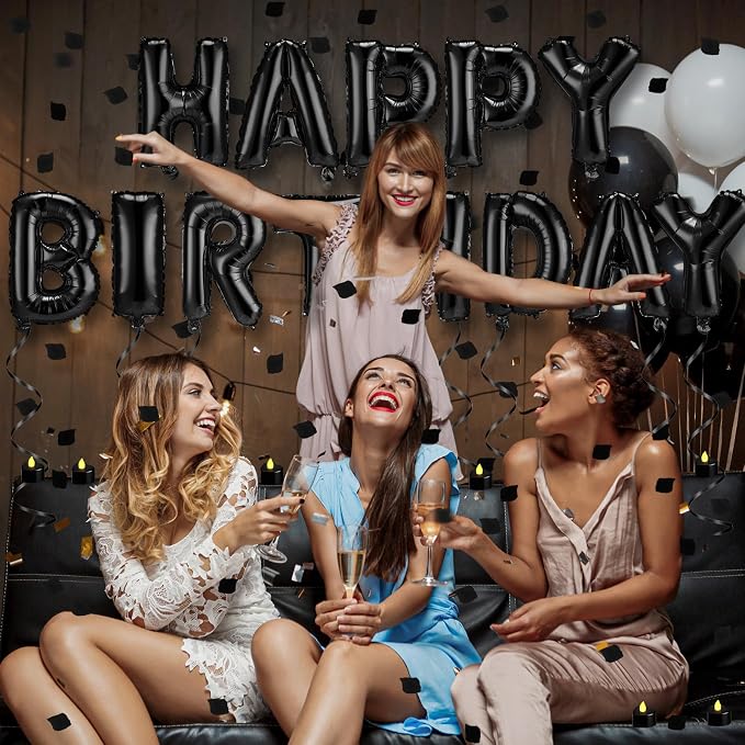 Black Happy Birthday Balloons Decorations Happy Birthday Letter Balloons Banner Set with 24pcs Heart Flameless LED Candles and 2000pcs Artificial Rose Petals for Women Men Room Party Decor