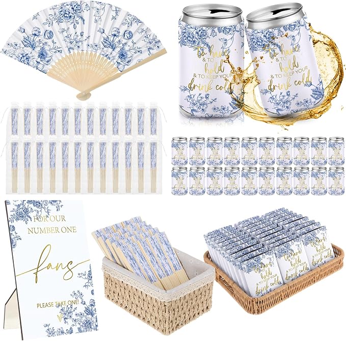 Hoteam 25 Sets Blue Floral Wedding Party Favors for Guests Bulk Including Can Cooler and Paper Folding Fans with Wedding Decor Table Sign Cheers to Love for Bridal Shower Party Souvenir