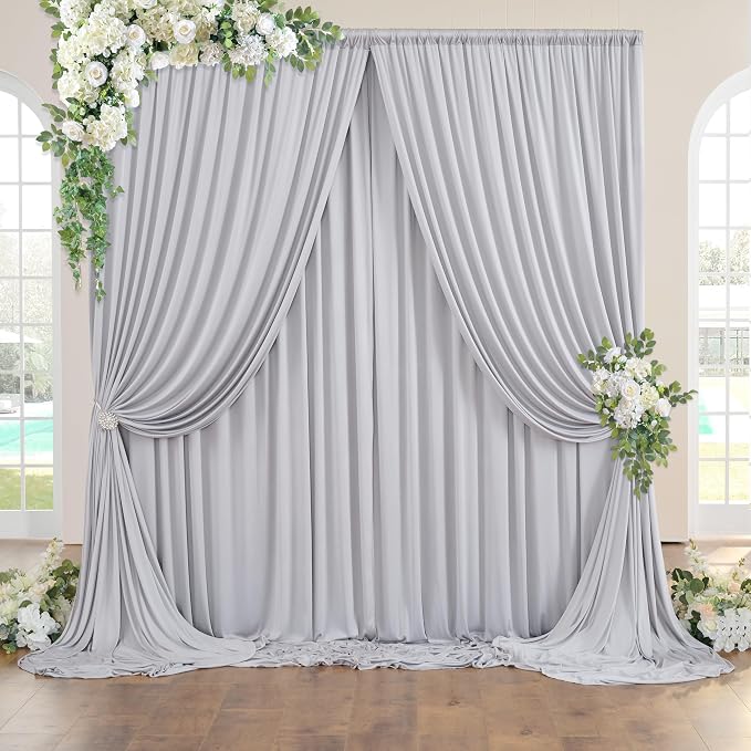 50ft×10ft Silver Wrinkle Free Backdrop Curtains for Parties, 10 Panels 5×10ft Soft Silky Polyester Light Gray Photo Backdrop Drapes for Wedding Birthday Baby Shower Party Photography Decor