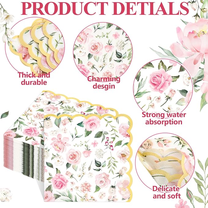 Funnymoom 200 Pcs Wild Floral Party Supplies Pink Flower Disposable Paper Dinner Dessert Plates Luncheon Napkins Beverage Napkins for Wedding Birthday Baby Shower Bridal Tea Party Serves 50 Guests