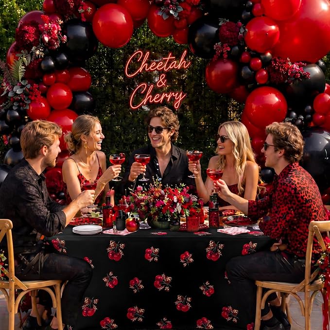 Frienda 1 Pcs Cheetah and Cherry Tablecloth Birthday Party Decorations Spandex Stretch 71 x 30'' Red and Black Cherry Table Cloth Rectangle Table Cover for Birthday Baby Shower Wedding Party Favors