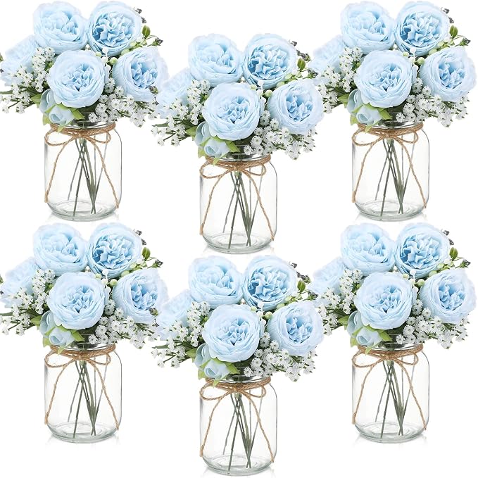 Zeyune 6 Sets Mason Jar Centerpiece Table Decorations, Artificial Peony Baby's Breath Flower Bouquets, Faux Flowers with Vase, Rustic Decor Gifts for Home, Wedding, Holiday (Blue)