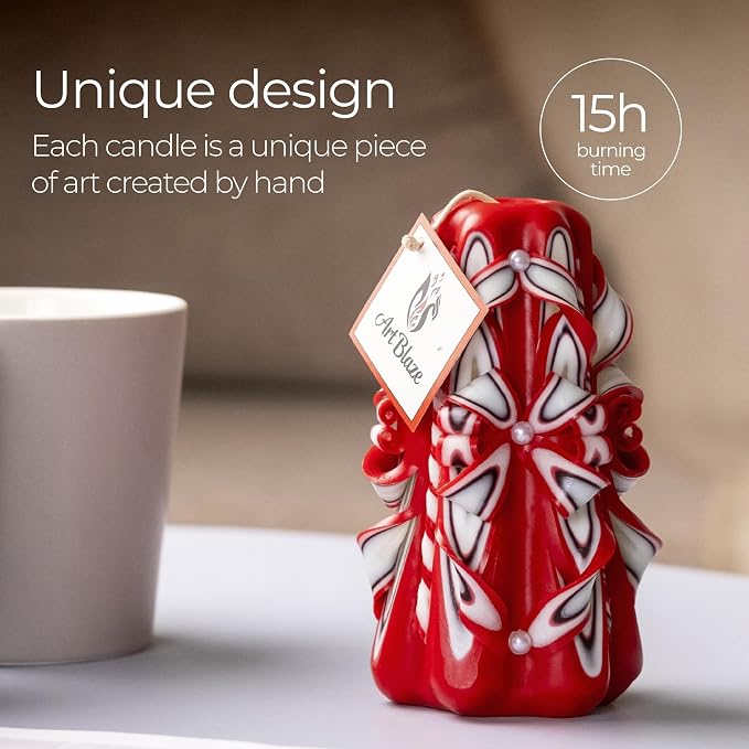Carved Candles - Handmade Decorative Large Candle – Tall Long Burning Cute Spiral Candles for Women – Table Candle for Home Decor, Cozy Cottage Core Gift - Christmas Gift for Mom - Red