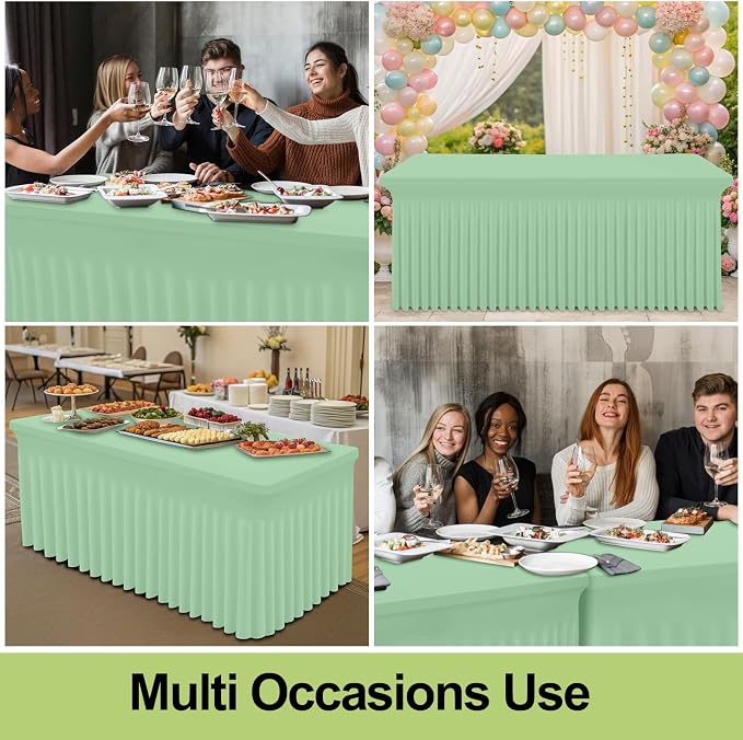 Smiry Spandex Tablecloth, Elastic Fitted Stretch Tablecloth for 8FT Rectangle Tables, Waterproof Washable Table Cover Skirt for Outdoor, Wedding, Banquet & Parties (Light Green, 96Lx30Wx30H Inch)