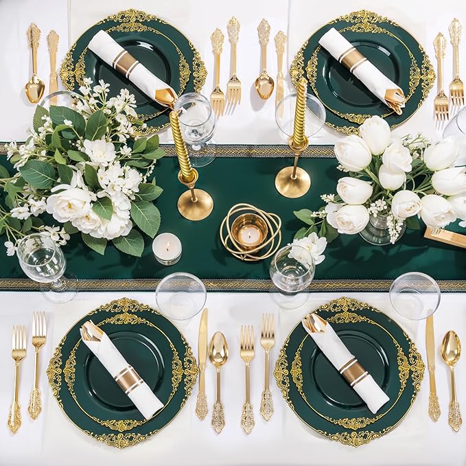 Nervure 100Pcs Green and Gold Plastic Plates - 7.5inch Green Disposable Plates - Heavyweight Gold Plastic Plate - Dessert Plate for Wedding & Party