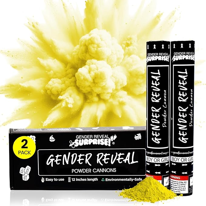 Gender Reveal Surprise - Yellow Powder Cannon - Easy to Use & Colorful Powder Cannon for Baby Gender Reveal Parties, Baby Showers & More - 12 Inch - 2 Pack
