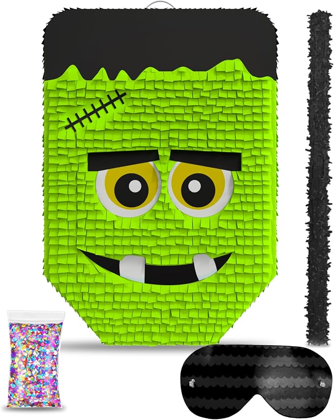 Jergrim Cute Frankenstein Halloween Piñata 3-piece Bundle for kids and adults, fits 2lbs of candy, perfect for Halloween party, spooky decorations, October birthday and party supplies