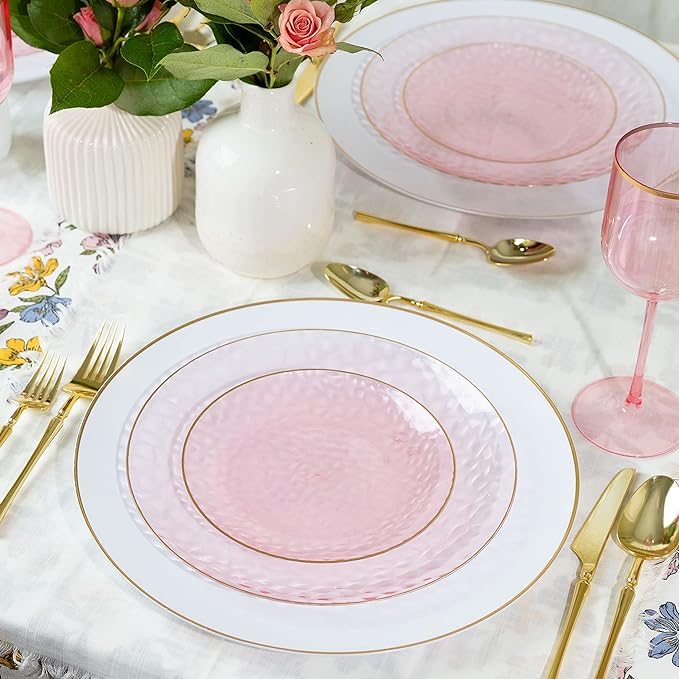 PLASTICPRO 32 Piece Combo Plates Set includes 16-7'' inch Plate & 16-10'' inch Plates Pink Hammered Plastic Party Plate Premium heavyweight Elegant, Disposable, Tableware, Dishes,
