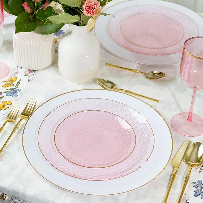 PLASTICPRO 64 Piece Combo Plates Set includes 32-7'' inch Plates & 32-10'' inch Plate Pink Hammered Plastic Party Plate Premium heavyweight Elegant, Disposable, Tableware, Dishes,