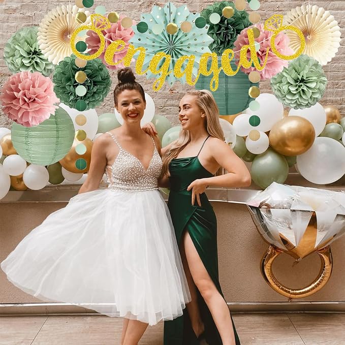Engagement Party Decorations Pink and Sage Green Engaged Party Decoration Olive Tissue Pom Poms Paper Fans Tassel Garlands for Sage Green Dusty Pink Bridal Shower Engagement Married Decoration