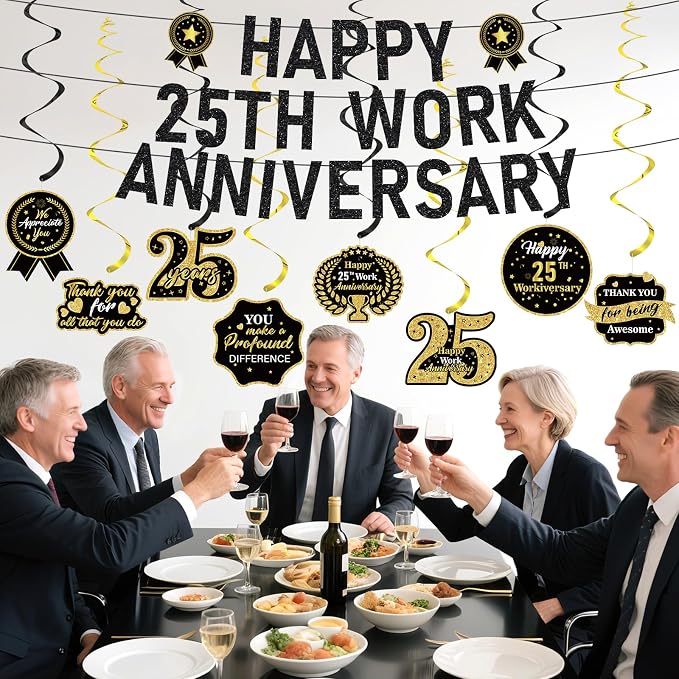 11pcs 25 Year Work Anniversary Decorations Black Gold Happy 25th Work Anniversary Banner Hanging Swirls Employee Appreciation Decorations Supplies 25 Year Workiversary Gifts for Employee Worker