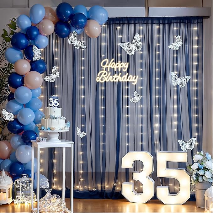 10x10ft Navy Blue Tulle Backdrop Curtain with Lights String for Parties, Sheer Photo Backdrop Drapes for Wedding Baby Shower Birthday Photography Stage Decorations