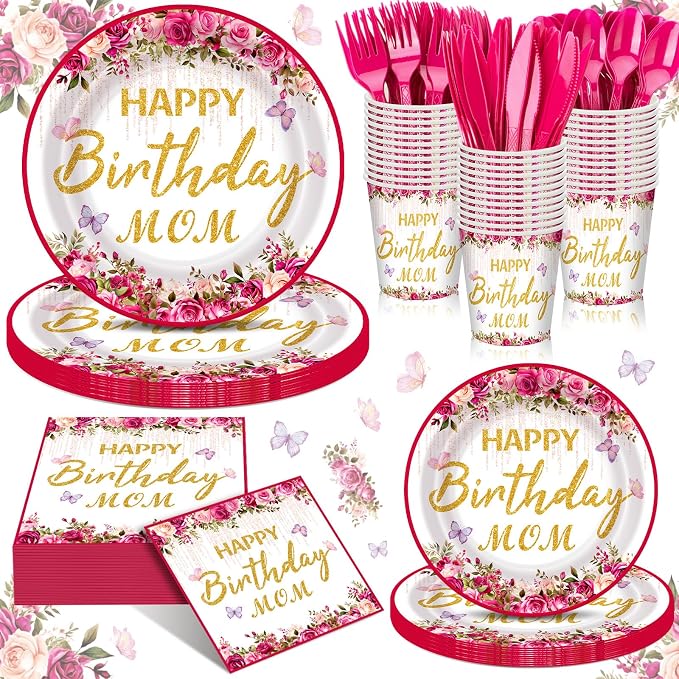 168 Pcs Happy Birthday Mom Party Decorations Pink Floral Best Mom Ever Plates and Napkins Sets Disposable Birthday Tableware Sets Serve for 24