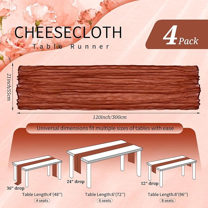 4 Pack Cheesecloth Table Runner 10FT Terracotta Fall Table Runner Boho Gauze Cheese Cloth Table Runners Long Rustic Sheer Table Decorations for Wedding Party Baby Bridal Shower Birthday Holiday Home