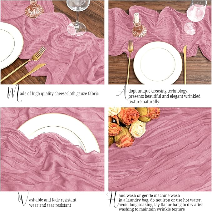 24 Pack Dusty Rose Table Runner 10Ft Cheesecloth Table Runner Rustic Gauze Table Runners Romantic Long Sheer Fabric Cheese Cloth Table Runners for Wedding Party Bridal Baby Shower