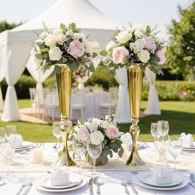 Metal Trumpet Vases for Centerpieces - Set of 10 Elegant Gold Vases for Table, 21.9" Tall Flower Stands for Table Centerpieces Anniversary Celebration Christmas Event Party Home Wedding Decorations