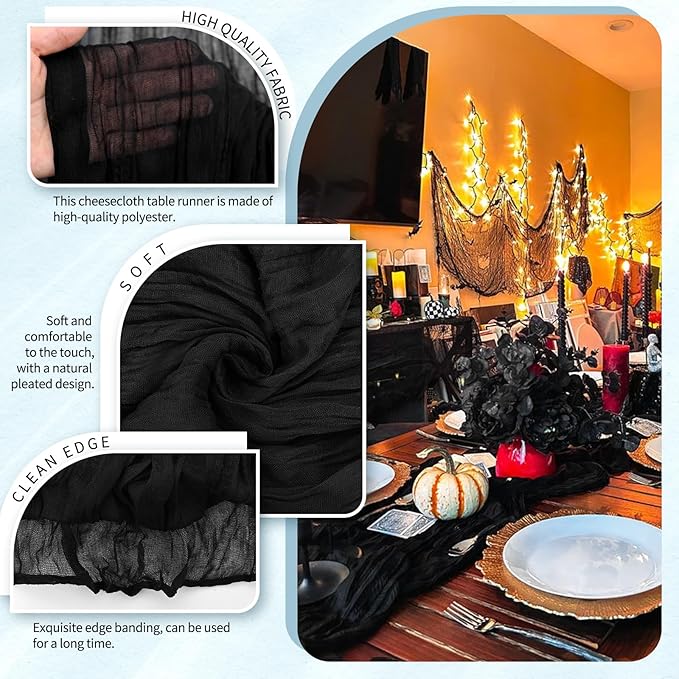2 Pack Cheesecloth Table Runner 10FT Black Table Runner Boho Gauze Cheese Cloth Table Runners Long Rustic Sheer Table Decorations for Wedding Party Baby Bridal Shower Birthday Holiday Home