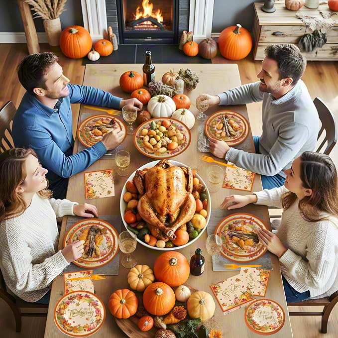 150 Pack Happy Thanksgiving Plates and Napkins Sets - Disposable Fall Paper Plates Napkins Dinnerware, Give Thanks Heavy Duty Dessert Dinner Plate for Thanksgiving Party Supplies Table Decor, Serve 50