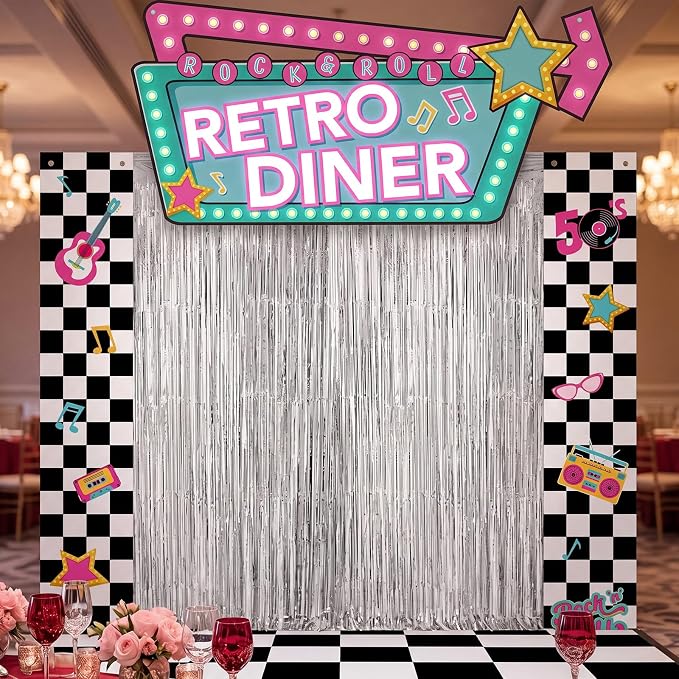Peryiter 5 Pcs 1950s Party Decorations Rock and Roll Party Decorations Retro Diner Welcome Arch, Silver Foil Fringe Curtain and Double Sided Tape for 1950s Theme Backdrop