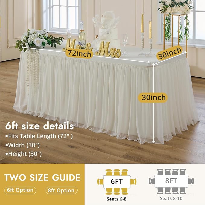 4-Pack Ivory Tulle Tablecloth for 6 Ft Rectangle Tables – Elastic Spandex Table Cover with Tutu Skirt, Wrinkle Free for Wedding, Birthday Party, Banquet Buffet, Craft fairs