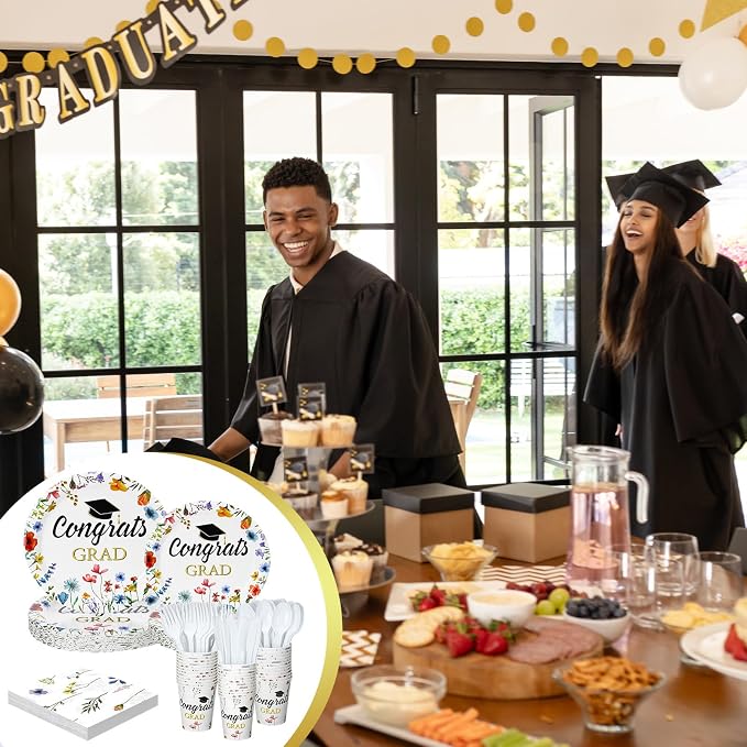 Yungyan 252 Pcs Wildflower Graduation Party Decorations Class of 2026 Congrats Grad Floral Graduation Plates Napkins Cups Forks Knives Disposable Tableware Set for College High School Party Supplies