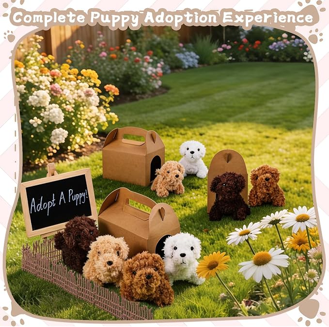 Adopt A Puppy Party Favors Mini Plush Stuffed Animals Set with 12 Plush Puppy Mini Fence Blackboard Kraft Paper Box for Adopt An Animal Themed Birthday Party