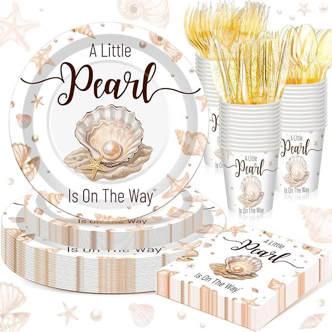 168 Pcs A Little Pearl Is on The Way Baby Shower Decorations Under The Sea Baby Shower Decorations Shell Mermaid Ocean Theme Party Decor Gender Reveal Disposable Tableware Set Serve 24