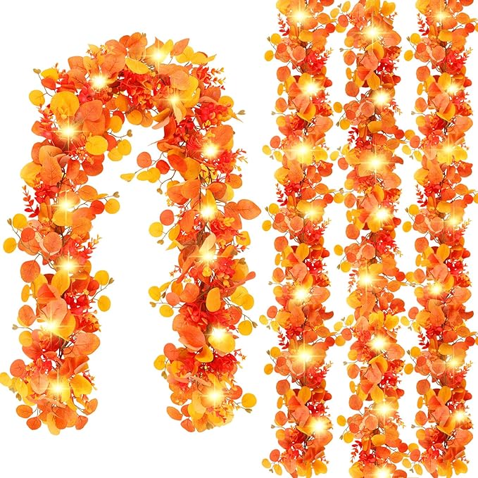 N&T NIETING Fall Eucalyptus Garland, 6FT Artificial Eucalyptus Garland with Lights, Fall Garlands Fall Decorations for Home Thanksgiving Table Fireplace Mantle Party Outdoor(4 Pack)