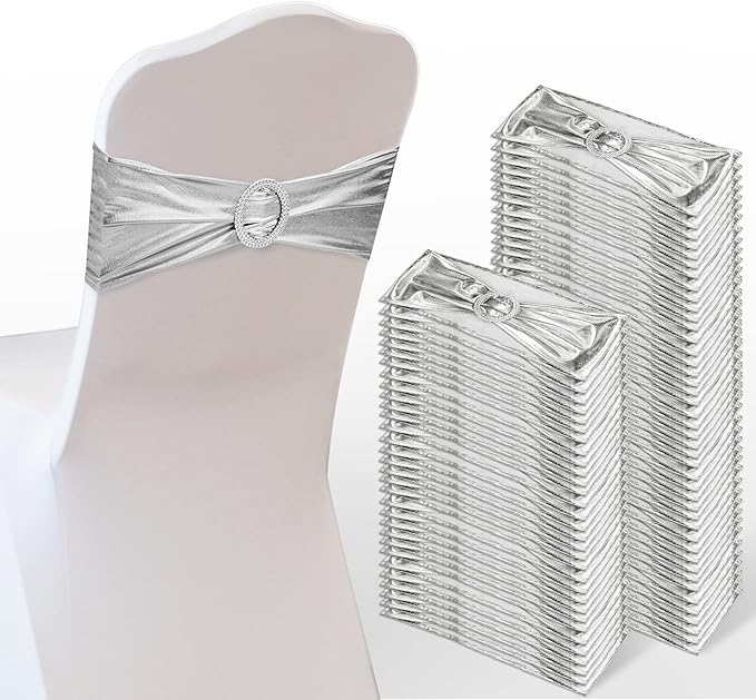 Oudain 120 Pieces Spandex Chair Sashes with Buckle Stretch Chair Cover Bands Bows for Wedding Hotel Banquet Events Decorations Sashes(Silver)