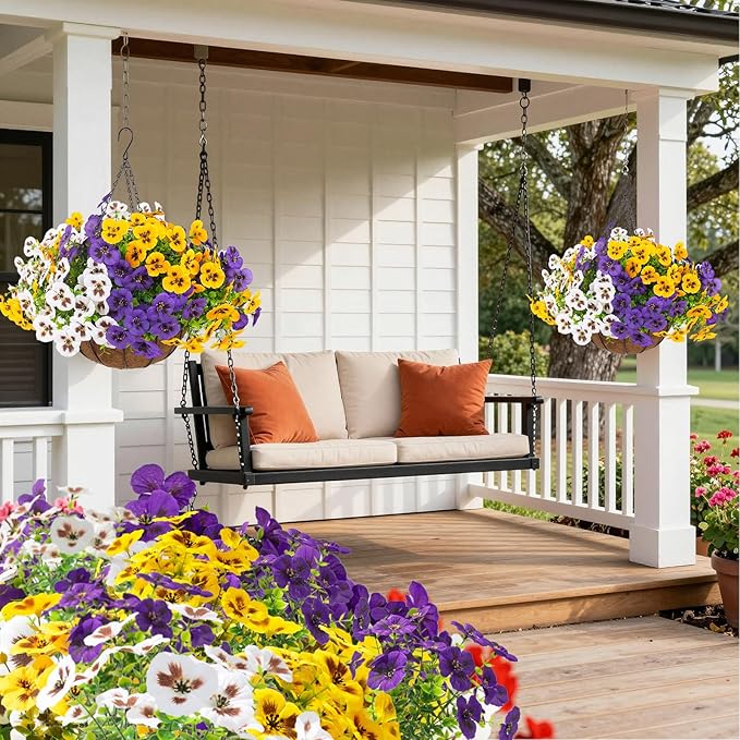 lovemoon 2 Sets Artificial Hanging Pansy Flowers with Baskets, 24 Pcs UV Resistant Faux Silk Pansy Outdoor Hanging Flower for Porch Patio Garden Home Spring Decor (2, White,Yellow,Purple)