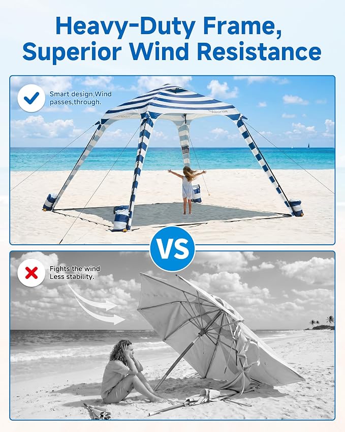 Slsy Beach Tent, 100 Sq.Ft. UPF 50+ Sun Shelter Canopy Cabana, Wind-Resistant Beach Shade with Sandbags, Stakes & Guy Lines, Easy Setup Outdoor Shelter for 6 People