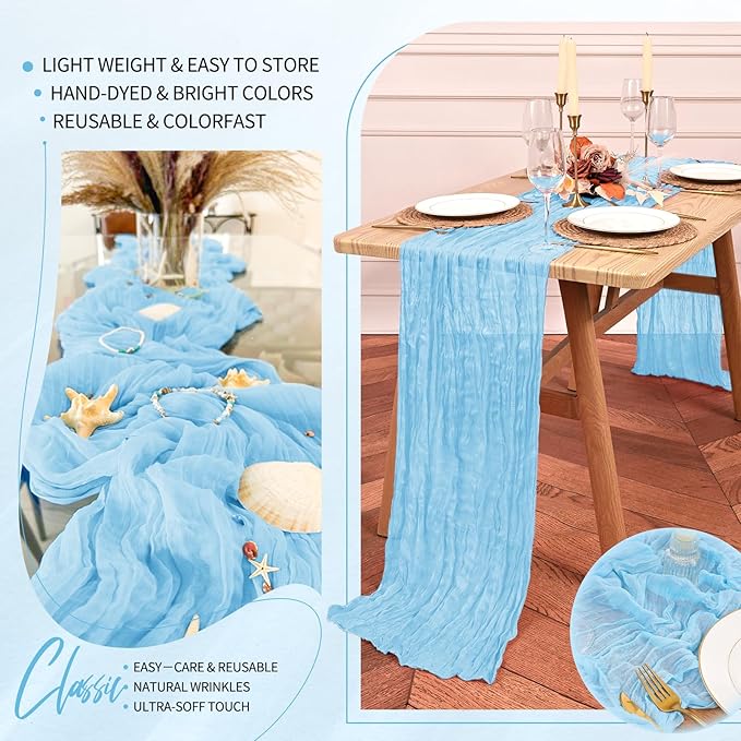 10 Pack Baby Blue Cheesecloth Table Runner 10FT Light Blue Boho Gauze Cheese Cloth Table Runners Romantic Rustic Sheer Table Decorations for Wedding Party Baby Shower Birthday Holiday Home