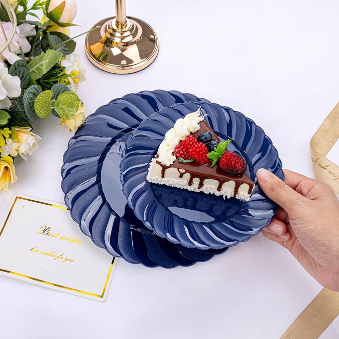 U-QE 100PCS Blue Disposable Plates - Heavy Duty Blue Plastic Hanukkah Plates for Hanukkah/Party/Wedding - Include 50PCS 9inch Dinner Plates and 50PCS 6.5inch Dessert/Salad Plates
