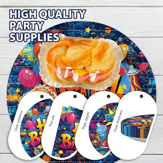96 Pcs Graffiti Birthday Party Supplies Hip Hop Retro Graffiti Plates and Napkins Colorful Paint Splatter Tableware Set for Boys Girls Birthday Retro Paint Party Supplies, Serves 24