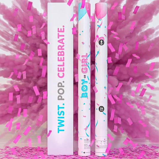 24” X-large Gender Reveal Confetti & Powder Smoke Cannon | 2 Pink Poppers | Biodegradable | Alternative to Gender Reveal Smoke Bombs Extinguisher | Baby Gender Reveal Decorations | TUR Party Supplies